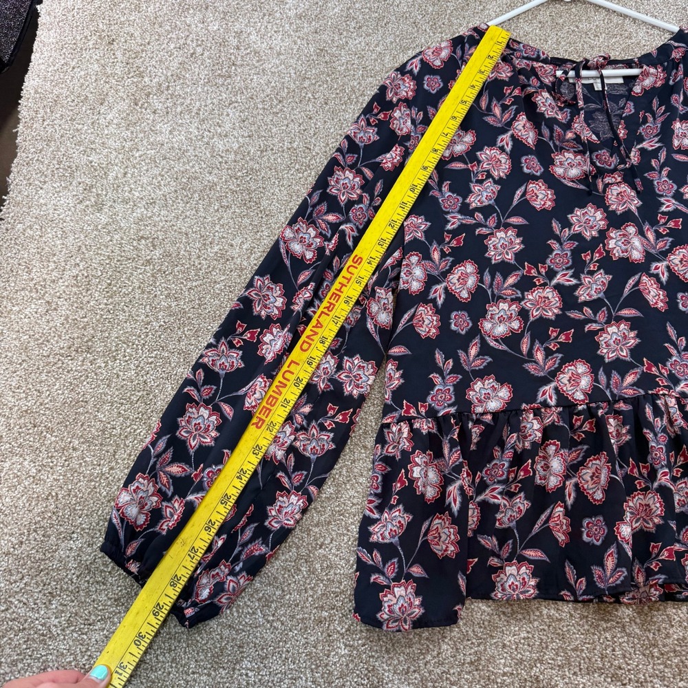LOFT Womens XL Floral Peplum Blouse Tie Neck Ruffle Hem Long Sleeve Top - Picture 7 of 11